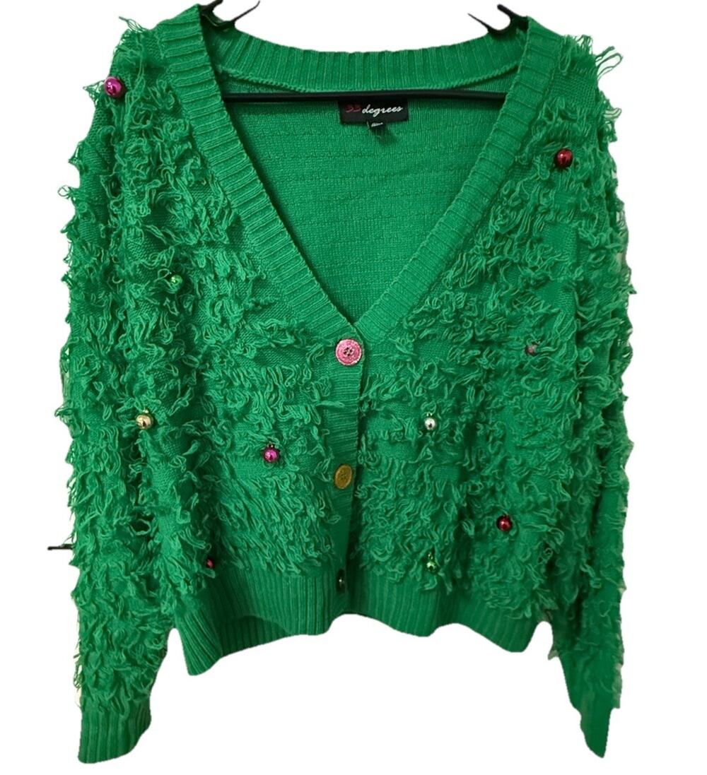 33 DEGREES Women’s Green Loop Cardigan Sweater Colorful Buttons Christmas XL